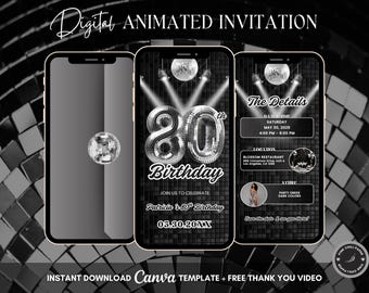 80th Disco Birthday Animated Invitation, Editable Groovy Dance Party Digital Video Invite Template, Evite