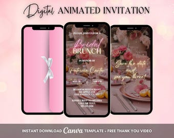 Invitación para brunch nupcial, invitación animada rosa para despedida de soltera, video digital editable para brunch nupcial, invitación floral para despedida de soltera