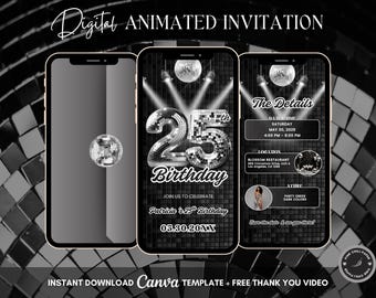 25th Disco Birthday Animated Invitation, Editable Groovy Dance Party Digital Video Invite Template, Evite