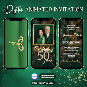 50th Anniversary Invitation, Green 50th Anniversary Party Animated Invitation, Editable Anniversary Digital Video Invite, Gold Wedding Anniv