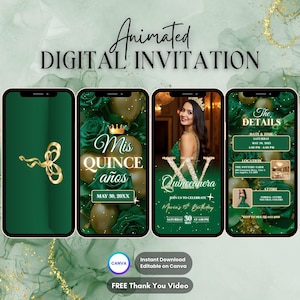 Quinceanera Invitation, Green Quinceanera Party Animated Invitation, Editable Quinceañera Digital Video Invitation, Sweet 16 Mis Quince Años