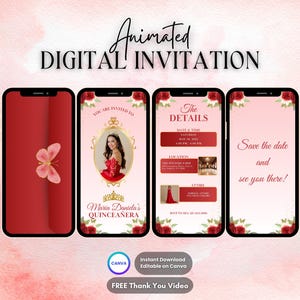 Quinceanera Invitation, Quinceanera Animated Invitation, Editable Red Gold Quinceañera Digital Video Invitation, 16th Quince Video Invite
