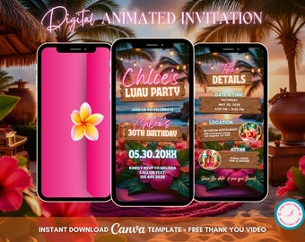 Aloha Luau Invitation, Tropical Party Animated Invitation, Editable Birthday Invitation, Luau Digital Invitation, Tiki Party Video Invite
