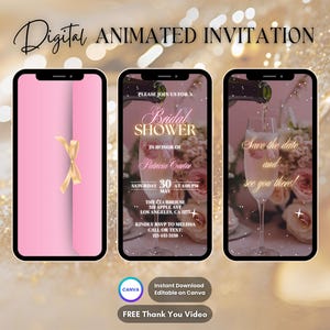 Pink Floral Bridal Shower Invitation, Bridal Shower Animated Invitation, Editable Bridal Party Digital Video Invite, Bachelorette Bach Party