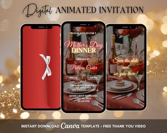 Red Mother's Day Invitation, Mother's Day Dinner Animated Invitation, Editable Mother's Day Digital Video Invite, Happy Mother's Day Party
