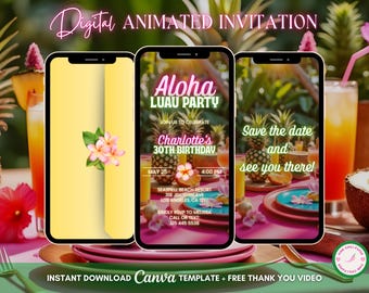 Aloha Luau Invitation, Tropical Party Animated Invitation, Editable Birthday Invitation, Luau Digital Invitation, Tiki Party Video Invite