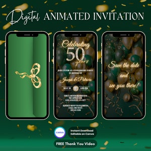 50th Anniversary Invitation, Green 50th Anniversary Party Animated Invitation, Editable Anniversary Digital Video Invite, Anniversary Evite