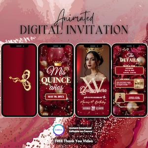 Quinceanera Invitation, Burgundy Quinceanera Animated Invitation, Editable Quinceañera Digital Video Invitation, Sweet 16 Mis Quince Años
