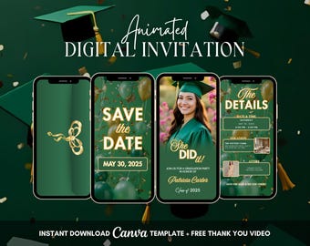 Invitación para fiesta de graduación, invitación animada para fiesta de graduación ecológica, video invitación digital editable, invitación para guardar la fecha "Ella lo hizo" de Evite