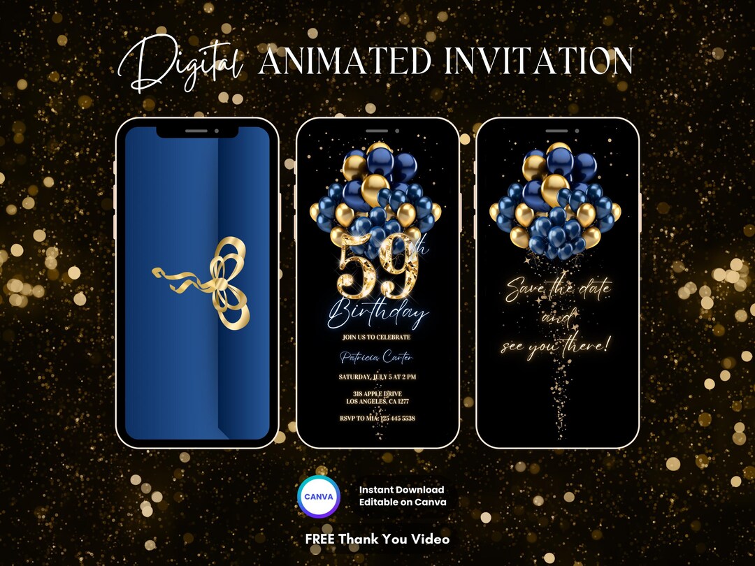 59th Birthday Invitation, Blue Gold 59th Birthday Party Animated ...