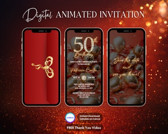 50th Birthday Invitation, Red 50th Birthday Party Animated Invitation, Editable Birthday Digital Video Invite, Dinner Party Evite, Diamonds