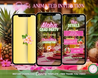 Aloha Luau Invitation, Tropical Party Animated Invitation, Editable Graduation Invitation, Luau Digital Invitation, Tiki Party Video Invite