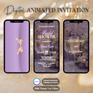 Purple Floral Bridal Shower Invitation, Bridal Shower Animated Invitation, Editable Bridal Party Digital Video Invite, Bachelorette Party