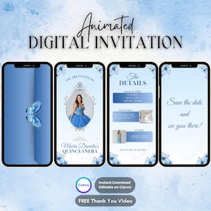 Invito Quinceanera, Invito animato Quinceanera, Invito video digitale Quinceañera blu argento modificabile, Invito video 16 Quince