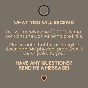 May include: A digital download for a Canva template. The text reads "WHAT YOU WILL RECEIVE: You will receive one (1) PDF file that contains the Canva template links. Please note that this is a digital download. No physical product will be shipped to you. HAVE ANY QUESTIONS? SEND ME A MESSAGE!"