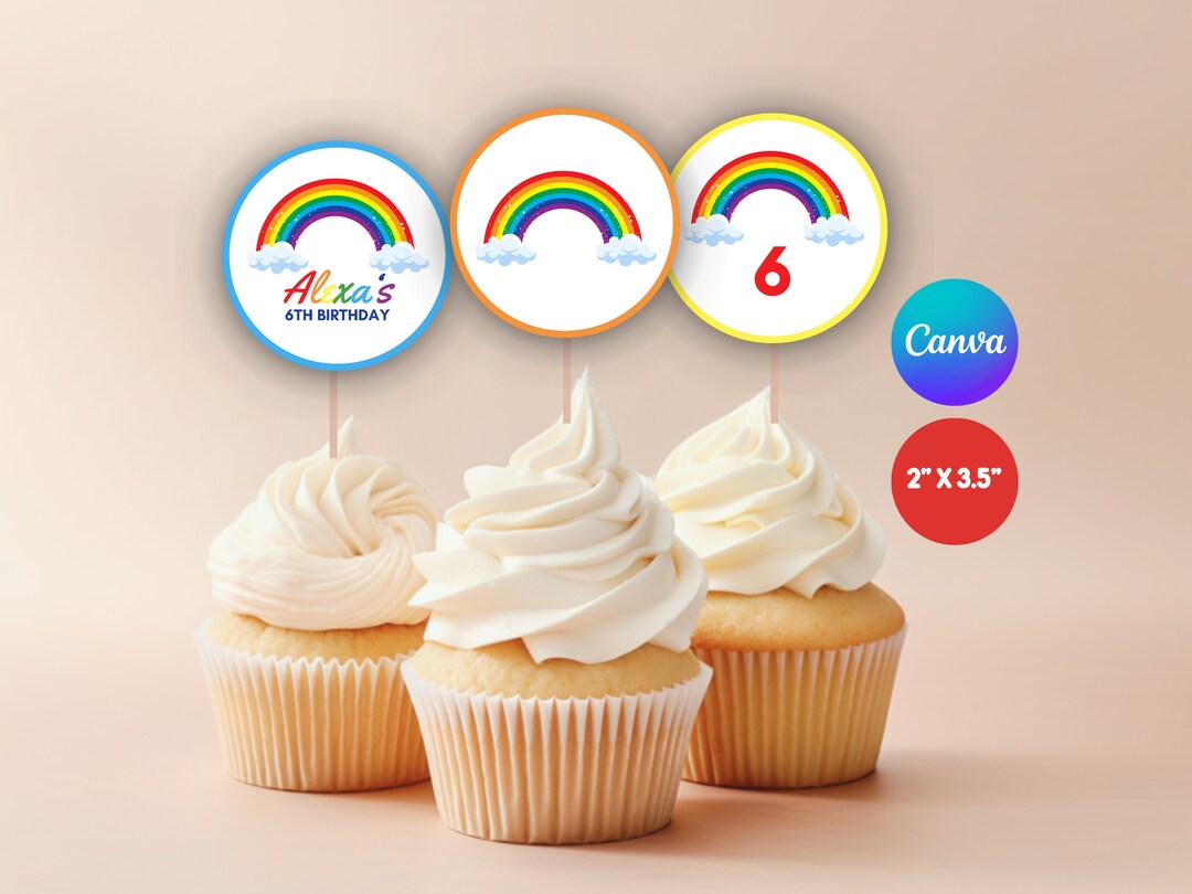 Editable Rainbow Cupcake Toppers Canva Template Printable Etsy