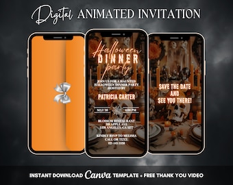 Halloween Dinner Party Invitation, Orange Halloween Party Animated Invitation, Editable Spooky Halloween Costume Party Digital Video Invite
