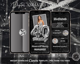 40th Disco Birthday Animated Invitation, Editable Groovy Dance Party Digital Video Invite Template