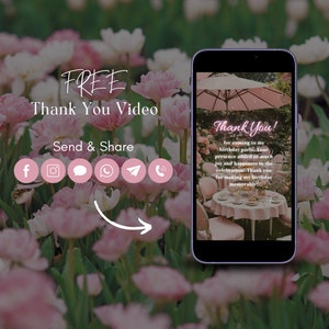 K&ouml;nnte beinhalten: Ein Smartphone-Bildschirm zeigt eine rosa-wei&szlig;e Dankesch&ouml;n-Videovorlage mit einem floralen Hintergrund. Der Text auf dem Bildschirm lautet "Danke!" f&uuml;r das Kommen zu meiner Geburtstagsparty. Deine Anwesenheit hat so viel Freude und Gl&uuml;ck in die Feier gebracht! Danke, dass du meinen Geburtstag unvergesslich gemacht hast.