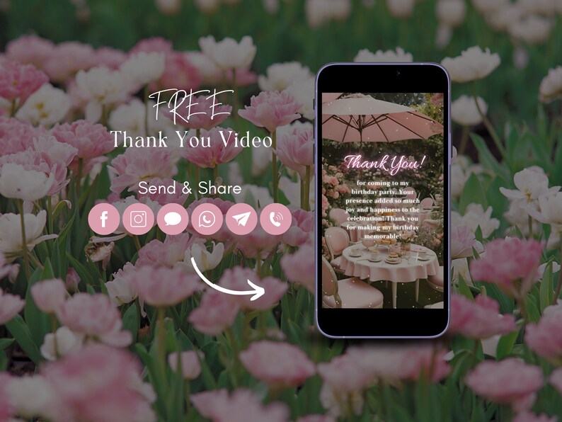 K&ouml;nnte beinhalten: Ein Smartphone-Bildschirm zeigt eine rosa-wei&szlig;e Dankesch&ouml;n-Videovorlage mit einem floralen Hintergrund. Der Text auf dem Bildschirm lautet "Danke!" f&uuml;r das Kommen zu meiner Geburtstagsparty. Deine Anwesenheit hat so viel Freude und Gl&uuml;ck in die Feier gebracht! Danke, dass du meinen Geburtstag unvergesslich gemacht hast.