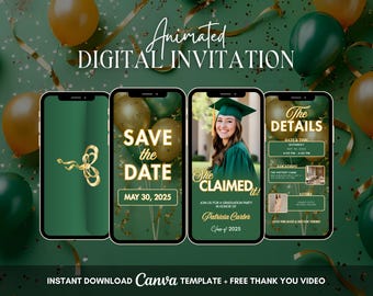 Invitación para fiesta de graduación, invitación animada para fiesta de graduación ecológica, video invitación digital editable, guardar la fecha de graduación en Evite
