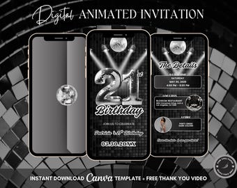 21st Disco Birthday Animated Invitation, Editable Groovy Dance Party Digital Video Invite Template, Evite