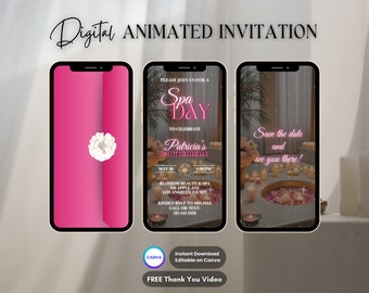Invitación al día del spa rosa, invitación animada a la fiesta de cumpleaños del spa, invitación de vídeo digital editable para la fiesta de mimos, noche de chicas, pedicura de manicura