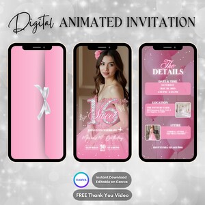 Pink Sweet 16 Invitation, 16th Birthday Party Animated Invitation, Editable Sweet Sixteen Digital Video Invite, Dinner Party Evite Template