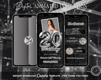 20th Disco Birthday Animated Invitation, Editable Groovy Dance Party Digital Video Invite Template