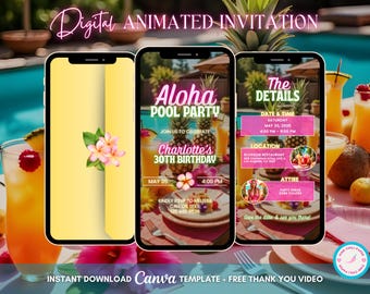 Aloha Luau Invitation, Tropical Pool Party Animated Invitation, Editable Luau Birthday Digital Invitation, Tiki Party Video Invite