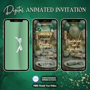 Green Dinner & Drinks Invitation, Birthday Dinner Animated Invitation, Editable Dinner Party Digital Video Invite, Green Gold Birthday Party