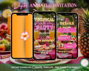 Aloha Luau Invitation, Tropical Party Animated Invitation, Editable Birthday Invitation, Luau Digital Invitation, Tiki Party Video Invite