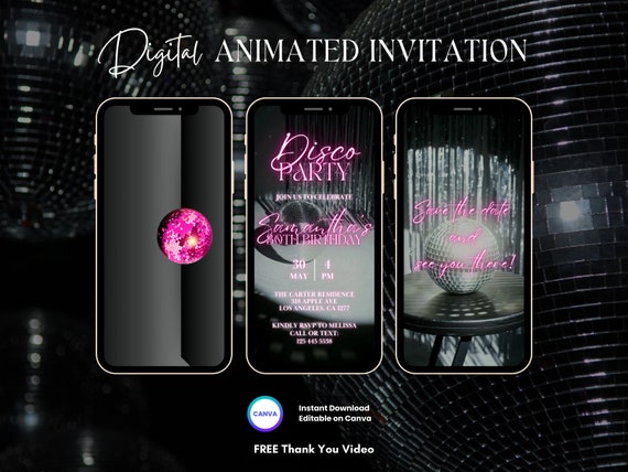 Disco Birthday Party Invitation, Disco Party Animated Invitation, Editable Disco Invitation, Disco Digital Invitation Video, Video Invite