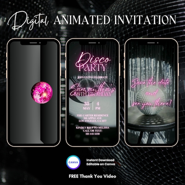 Disco Birthday Party Invitation, Disco Party Animated Invitation, Editable Disco Invitation, Disco Digital Invitation Video, Video Invite