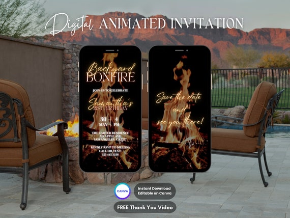 Backyard Bonfire Invitation, Bonfire Birthday Animated Invitation, Editable Backyard Party Digital Video Invite, Backyard BBQ, Outdoor Party