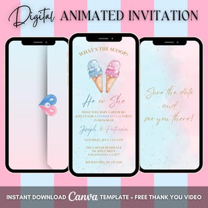 Ice Cream Gender Reveal Invitation, What's the Scoop Gender Reveal Party Animated Invitation, Editable He or She Digital Video Invite