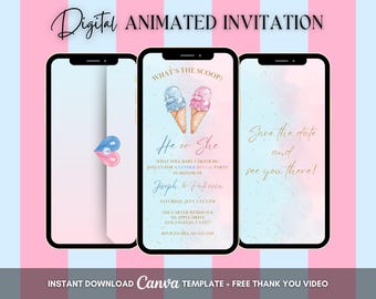 Ice Cream Gender Reveal Invitation, What&#39;s the Scoop Gender Reveal Party Animated Invitation, Editable He or She Digital Video Invite