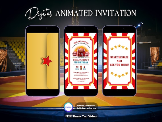 Circus Invitation, Circus Birthday Animated Invitation, Editable Circus Party Invitation, Carnival Digital Invitation Video, Canva Template