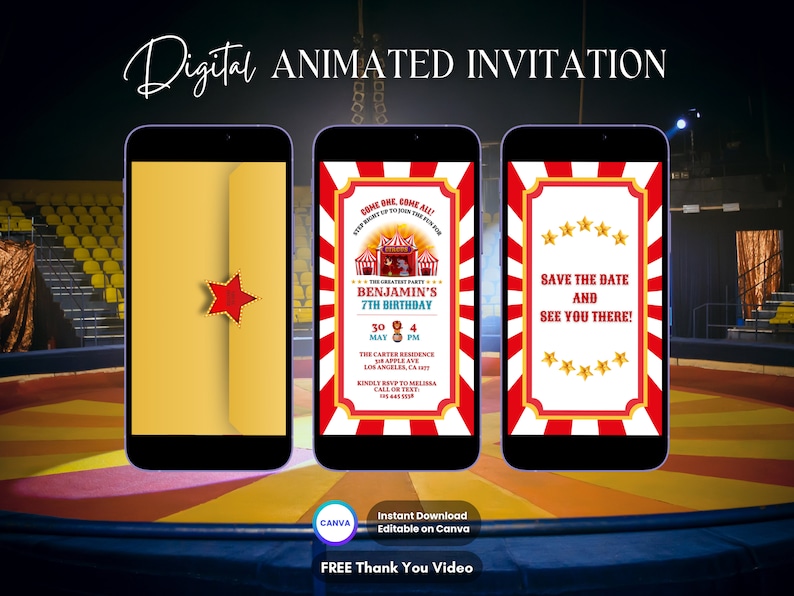 May include: A digital animated invitation for a 7th birthday party with a circus theme. The invitation features a red and white striped tent with a yellow star on top. The text on the invitation reads "Come One, Come All!" and "Benjamin's 7th Birthday". The invitation also includes the date and time of the party, the location, and the RSVP information.
