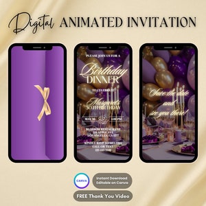 Lila Einladung zum Abendessen, Geburtstagsessen animierte Einladung, bearbeitbare Dinner Party Digital Video einladen, Geburtstagsfeier Evite, lila Gold