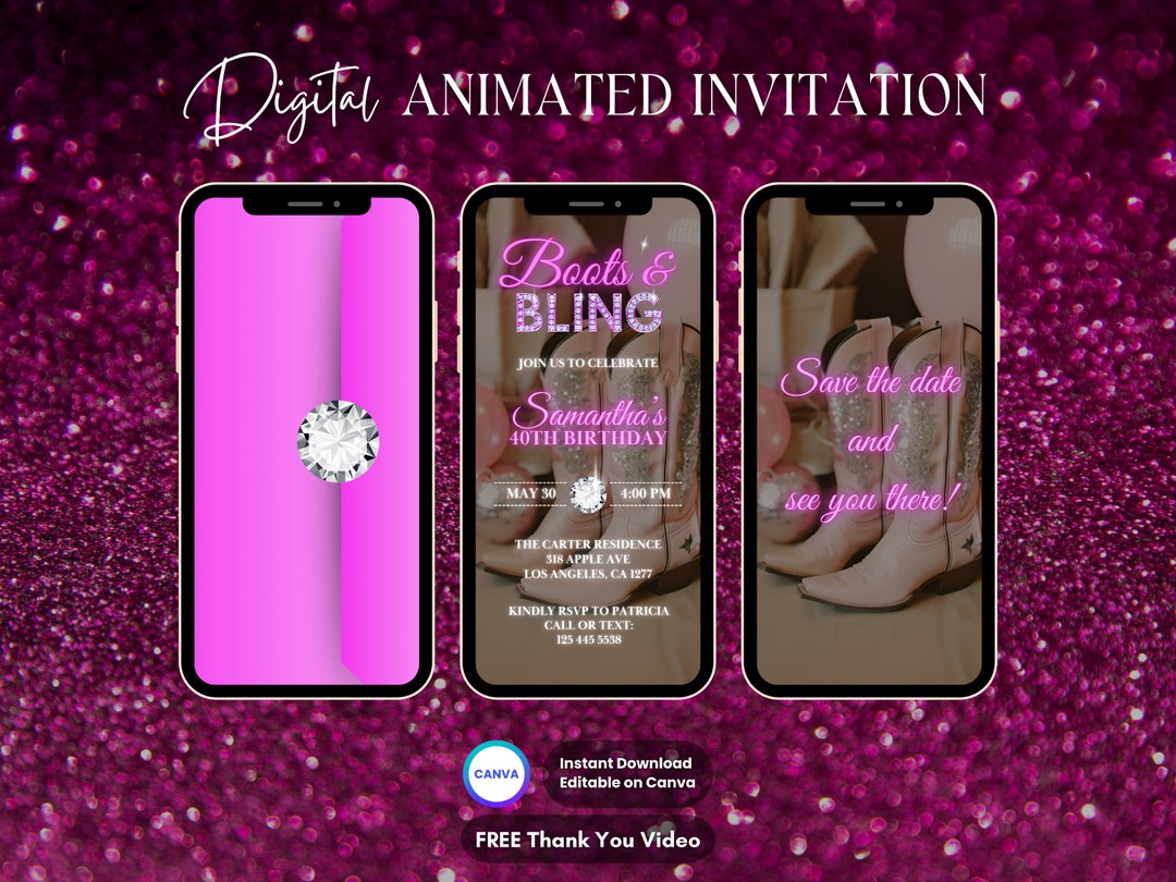 Boots and Bling Invitation, Pink Boots & Bling Animated Invitation ...