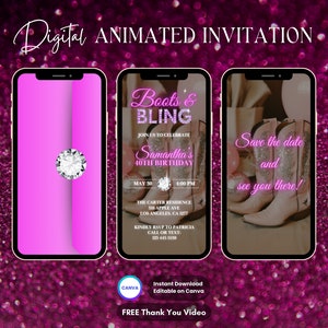 Boots and Bling Invitation, Pink Boots & Bling Animated Invitation, Editable Boots and Bling Video Invite, Disco Cowgirl Digital Invitation