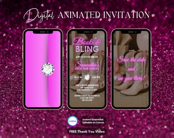 Boots and Bling Invitation, Pink Boots & Bling Animated Invitation, Editable Boots and Bling Video Invite, Disco Cowgirl Digital Invitation