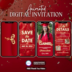 Graduation Party Invitation, Red Grad Party Animated Invitation, Editable Graduation Digital Video Invite Template, Graduation Save The Date