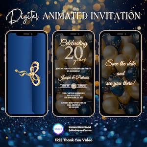 Uitnodiging 20e verjaardag, geanimeerde uitnodiging 20e verjaardag, bewerkbare verjaardag digitale video-uitnodiging, bruiloft Anniv Party Evite