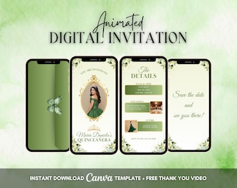 Quinceanera Invitation, Quinceanera Animated Invitation, Editable Green Gold Quinceañera Digital Video Invitation, 16th Quince Video Invite