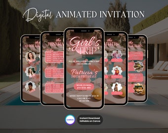 Invitación de viaje para niñas, Invitación animada e itinerario de fin de semana de cumpleaños, Plantilla de invitación de vídeo digital de cumpleaños editable, Itinerario