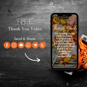 May include: A smartphone displaying a thank you message for attending a birthday party. The message reads "Thank You! For coming to my birthday party. Your presence added so much joy and happiness to the celebration! Thank you for making my birthday memorable!" The phone is on a black wooden surface with a pot of red crawfish.