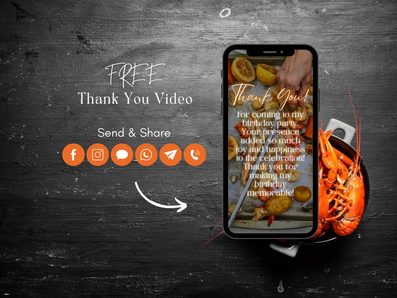 May include: A smartphone displaying a thank you message for attending a birthday party. The message reads "Thank You! For coming to my birthday party. Your presence added so much joy and happiness to the celebration! Thank you for making my birthday memorable!" The phone is on a black wooden surface with a pot of red crawfish.