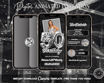 50th Disco Birthday Animated Invitation, Editable Groovy Dance Party Digital Video Invite Template